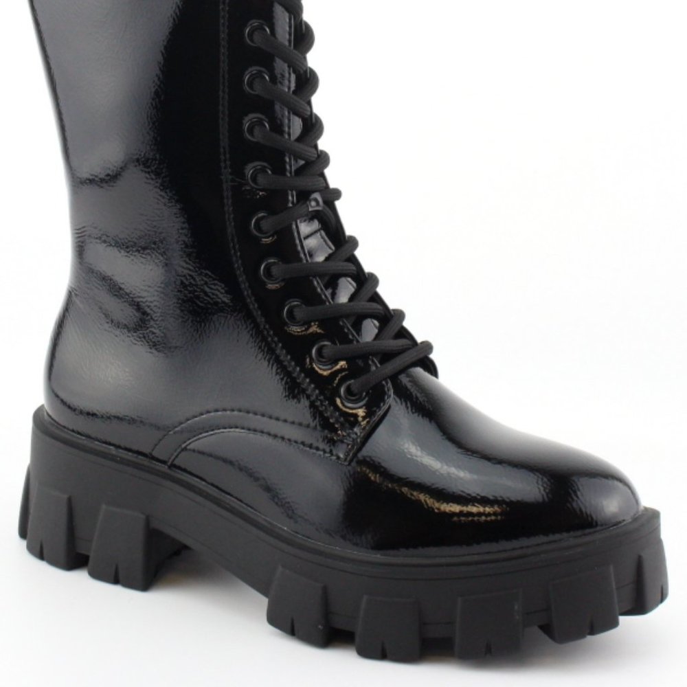 Combat Boots Lace up Mid Calf Boots Low Heel Chunky Platform Lug Sole Bo